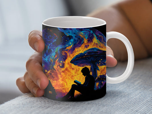 Colorful Fantasy Art Mug, Surreal Reading Under Umbrella, Vibrant Coffee Cup, Unique Gift Idea, Artist Designed Drinkware