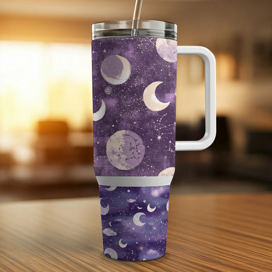 Galaxy Print Travel Mug, Insulated Coffee Cup, Purple Space Theme, Moon and Stars, Stainless Steel Tumbler with Handle