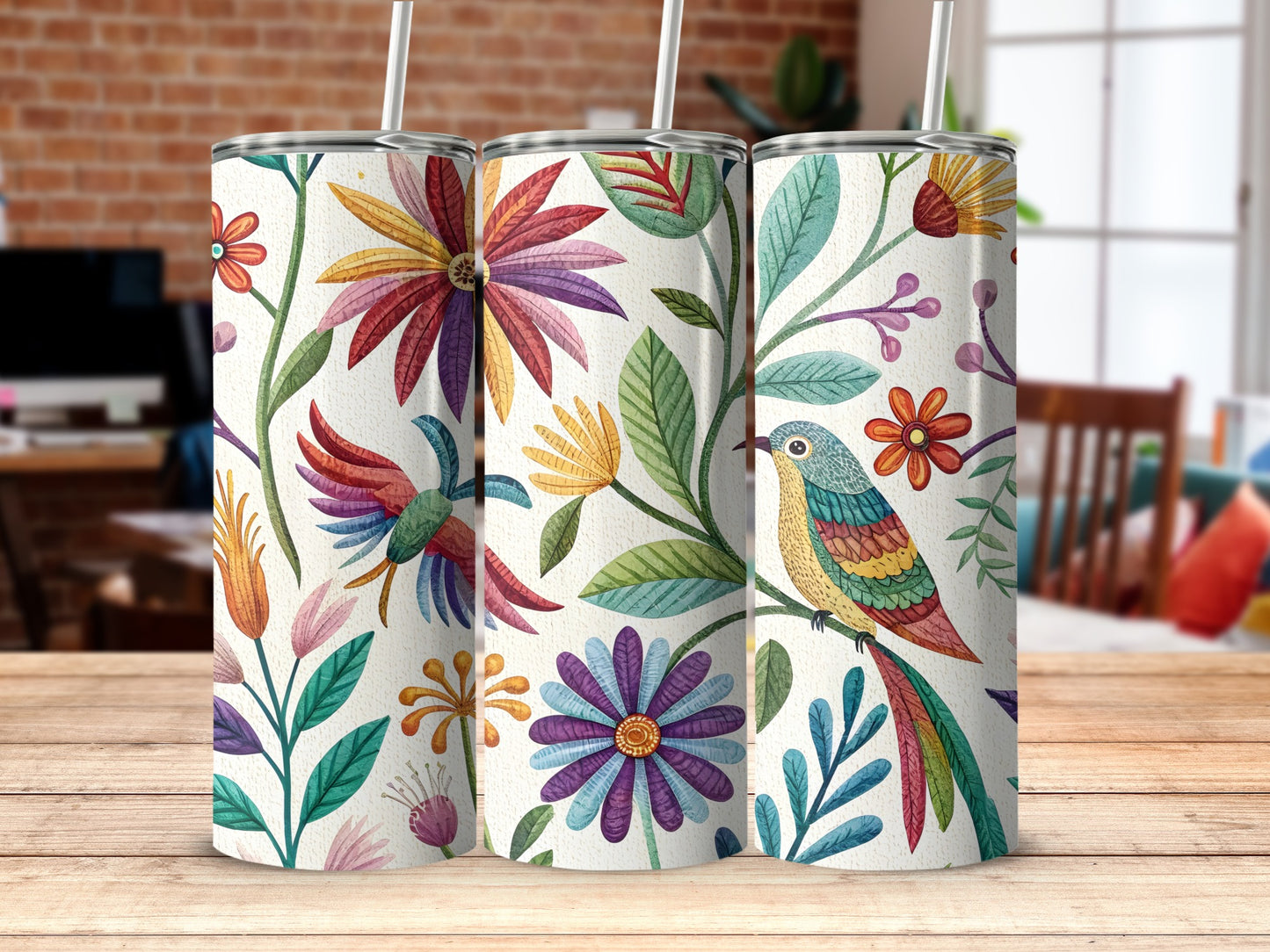 Colorful Floral and Bird Design Tumbler product type
