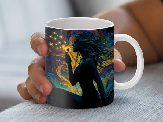 Mystical Woman Coffee Mug, Starry Night, Fantasy Artwork, Magic-Themed Gift, Decorative Drinkware, Unique Christmas Present