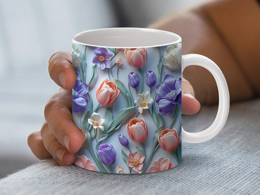 Floral Coffee Mug with Spring Tulips Design, Ceramic Tea Cup, Colorful Flower Gift, Garden Lover Present