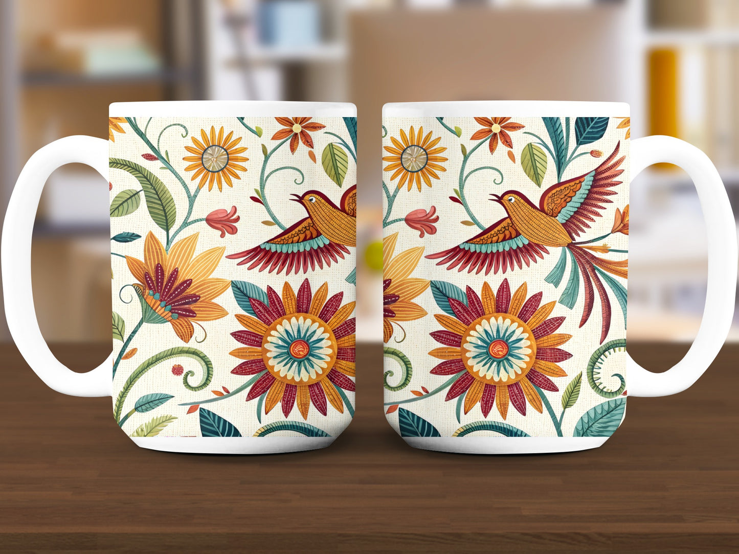 Colorful Floral and Birds Patterned Mug product type