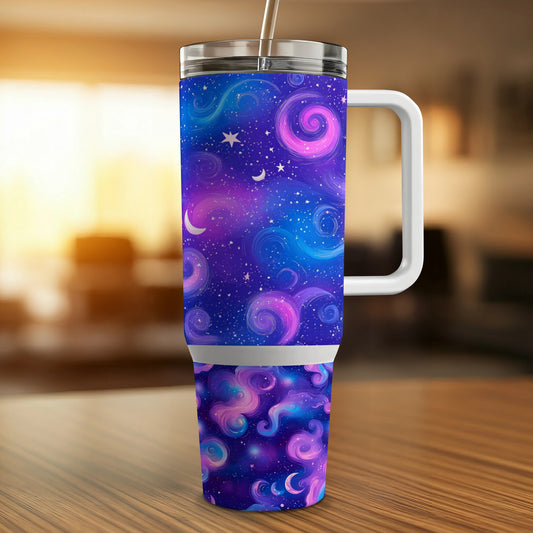 Galaxy Print Travel Mug, Insulated Coffee Cup, Stainless Steel Tumbler, Space Theme Drinkware, Starry Night Sky Pattern, Gift Idea