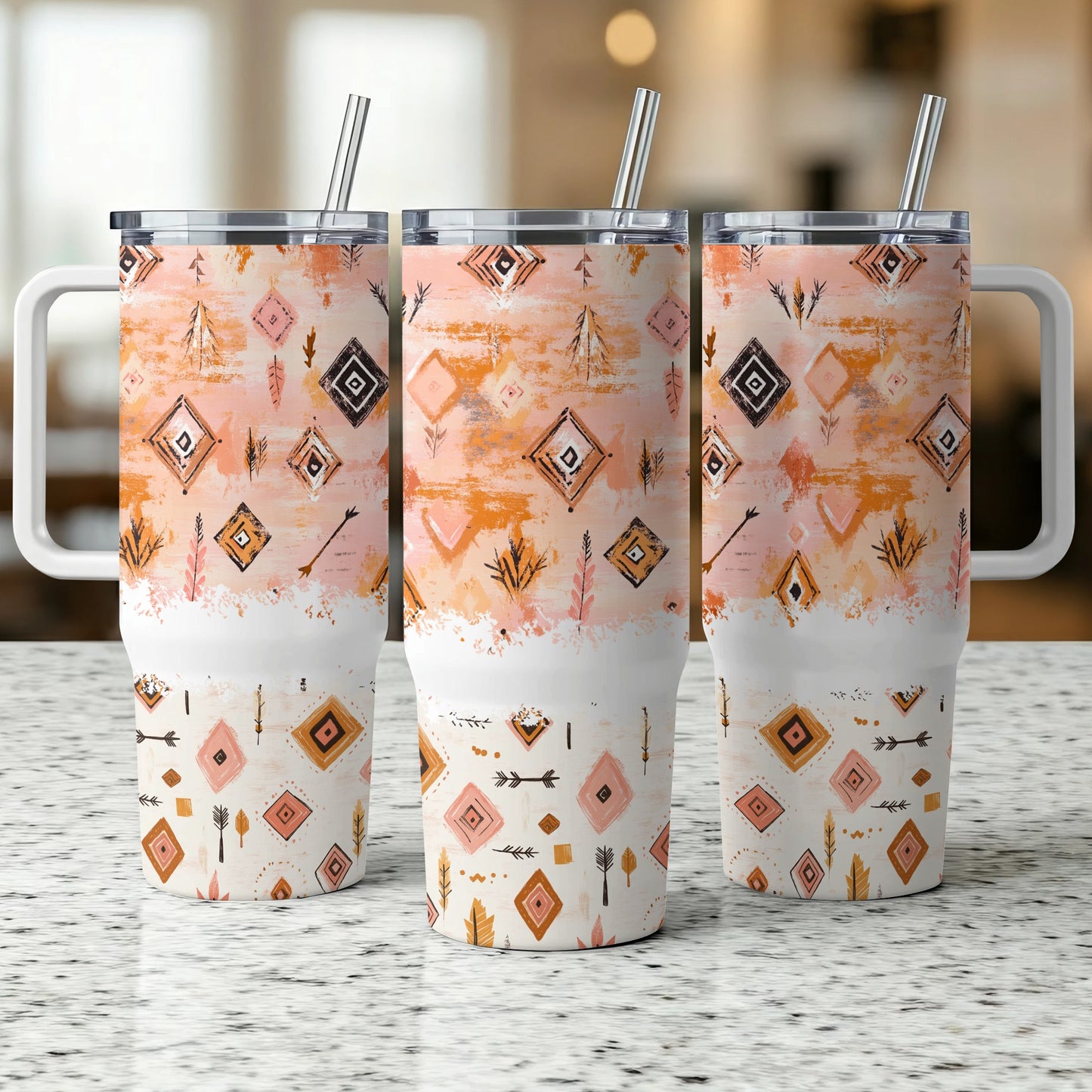 Boho Chic Tumblers, Tribal Pattern Insulated Cups, Stainless Steel Travel Mugs with Straws, Set of 3