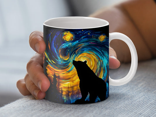 Starry Night Sky Bear Silhouette Coffee Mug, Artistic Van Gogh Inspired Drinkware, Unique Gift Idea