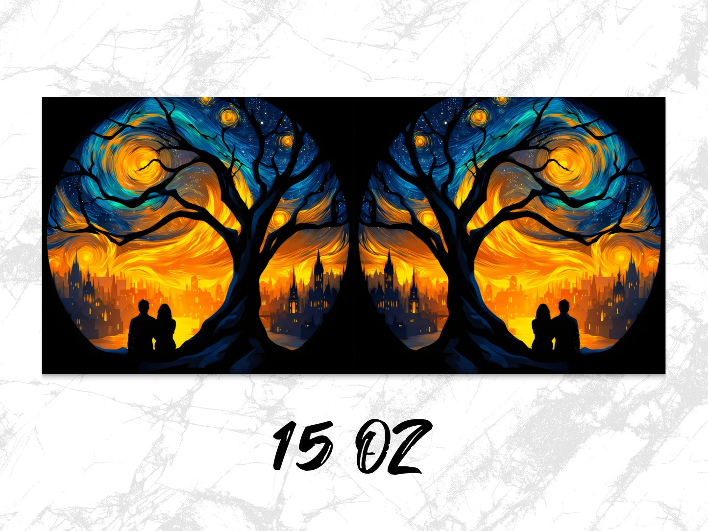 Romantic Starry Night Sky Mug, Couple Silhouette, Van Gogh Inspired Cityscape, 15 Oz Coffee Cup