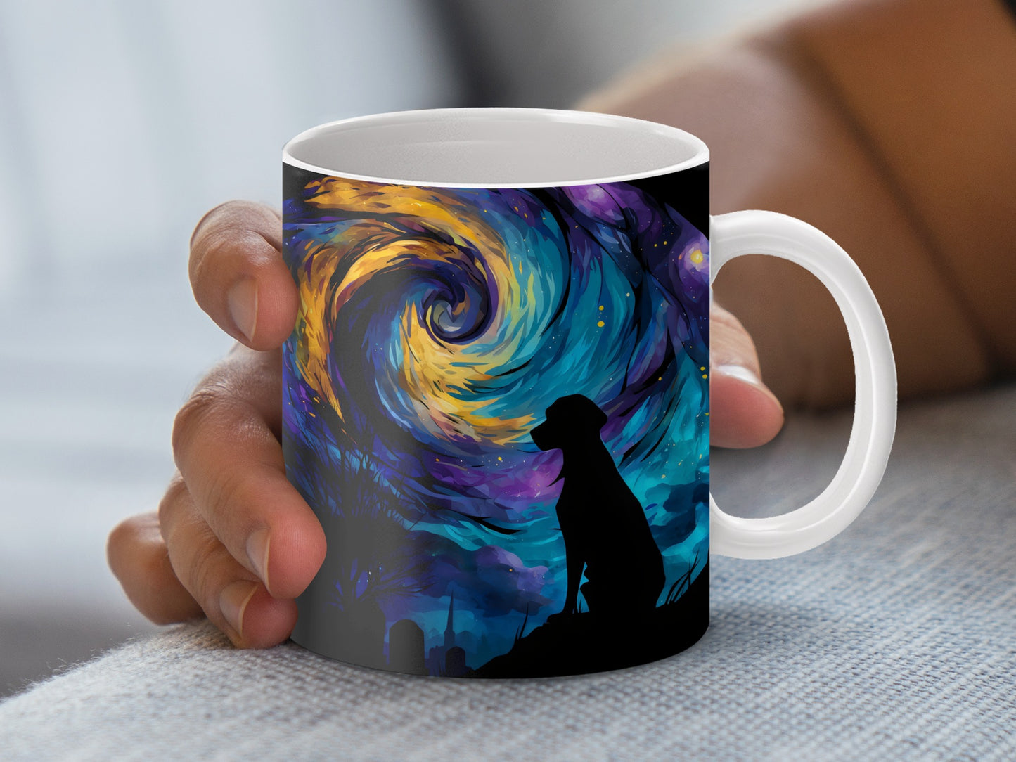 Starry Night Inspired Coffee Mug, Van Gogh Artistic Skyline, Unique Ceramic Cup with Dog Silhouette Design