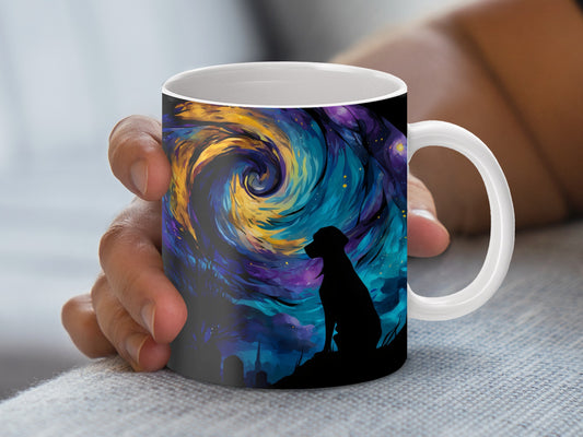 Starry Night Inspired Coffee Mug, Van Gogh Artistic Skyline, Unique Ceramic Cup with Dog Silhouette Design