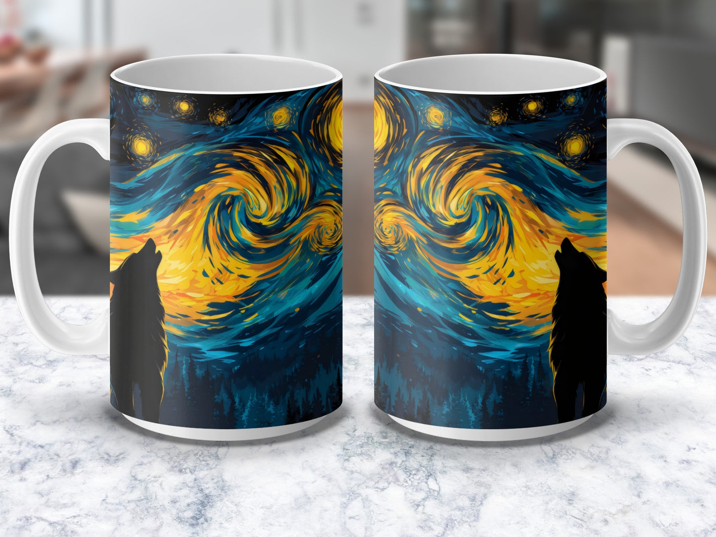 Starry Night Inspired Wolf Silhouette Coffee Mug, Artistic Blue and Yellow Swirls, Unique Gift Idea