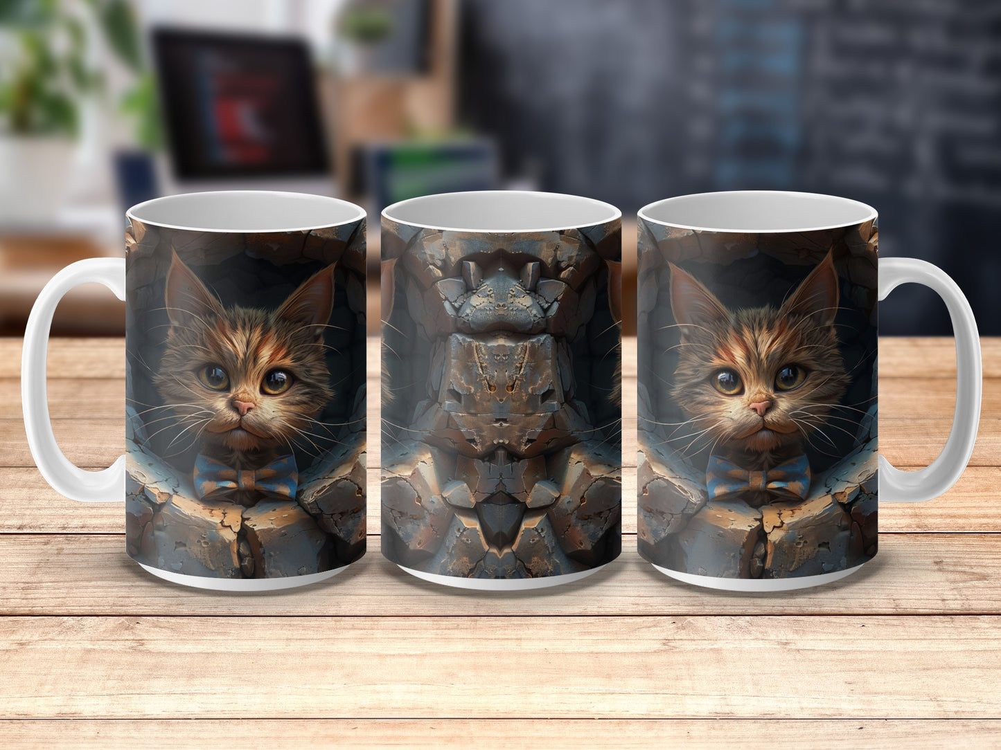 Cat Face Mug, Unique Feline Print on Rock Background, Coffee Cup for Cat Lovers, Gift Idea