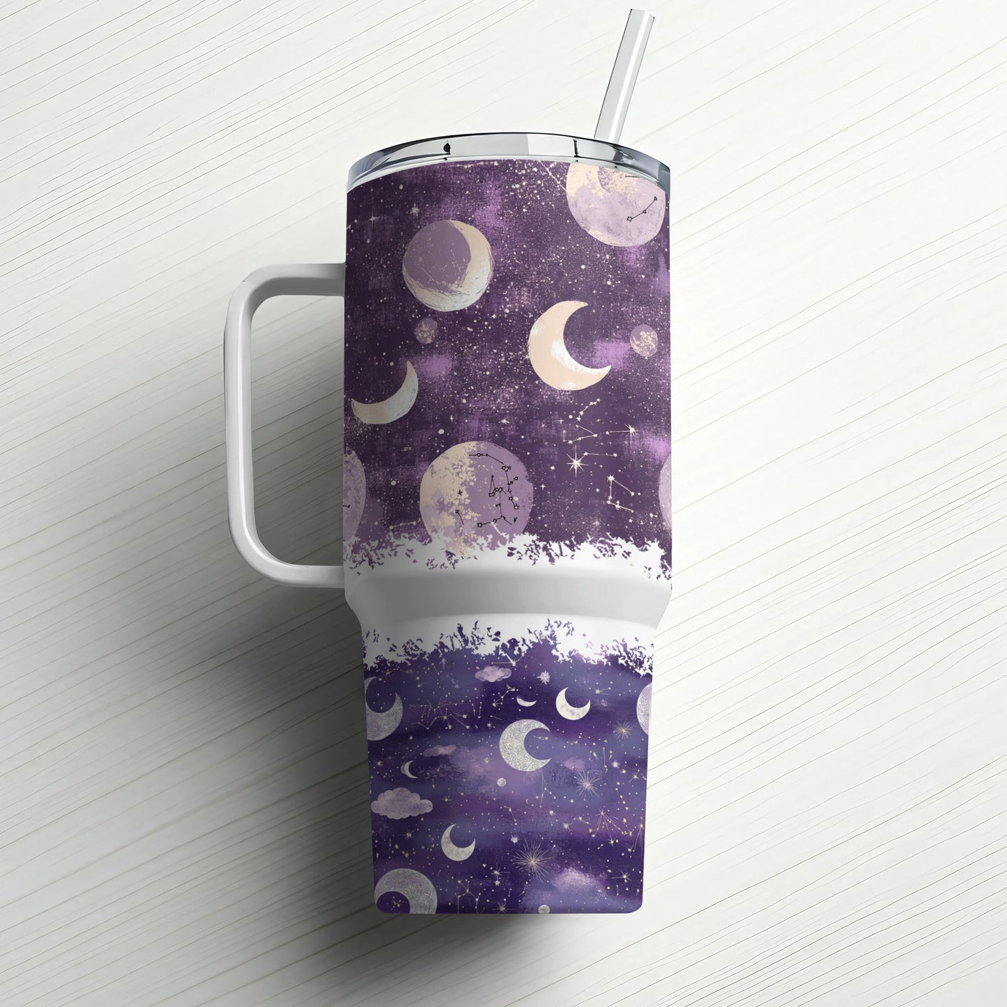 Galaxy Tumbler, Purple Moon Phases Travel Mug, Insulated Stainless Steel Cup with Straw