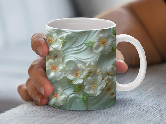 Floral Coffee Mug, Elegant White Blossoms Design, Ceramic Tea Cup, Gift Idea