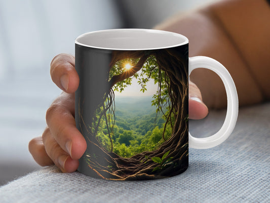 Forest Sunrise Coffee Mug, Nature Scene Ceramic Cup, Unique Wilderness Morning Gift, Tree and Sunlight Design