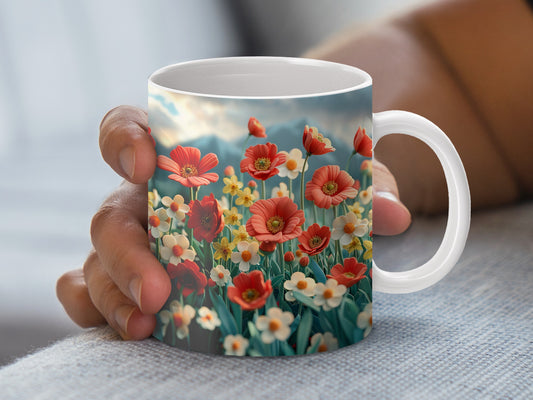 Floral Coffee Mug, Vibrant Red and Yellow Flowers, Spring Garden Theme, Ceramic Cup for Tea and Coffee, Gift Idea