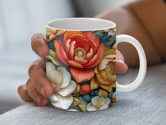 Floral Ceramic Coffee Mug, Vibrant Red and White Blossom Print, Perfect Gift for Garden Lovers, Kitchen Decor.