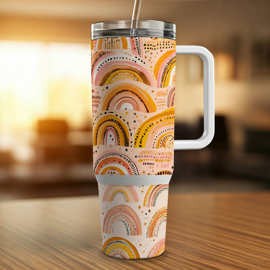 Colorful Rainbow Pattern Travel Mug, Insulated Coffee Cup, Stainless Steel, Spill-Proof Lid, Unique Gift Idea
