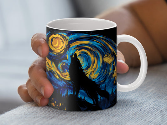 Starry Night Inspired Wolf Art Coffee Mug, Van Gogh Style Ceramic Cup for Art Lovers and Animal Enthusiasts