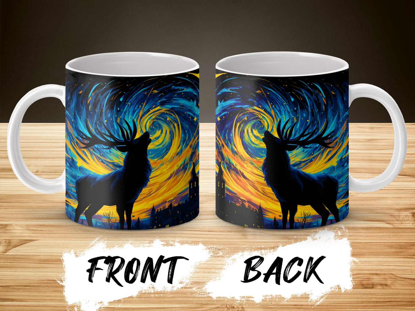 Starry Night Deer Silhouette Mug, Unique Artistic Wildlife Coffee Cup, Vibrant Colorful Design, Gift Idea for Nature Lovers