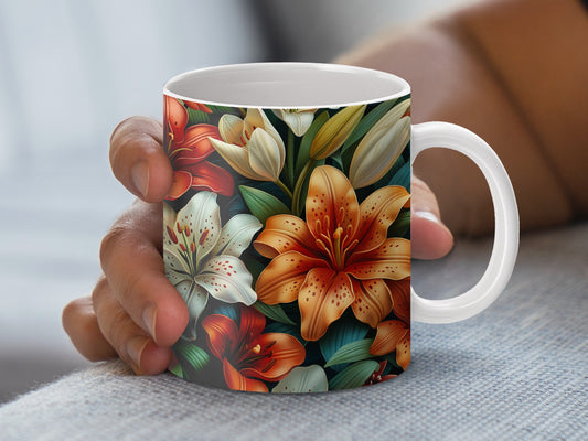 Floral Coffee Mug, Vibrant Lily Design, Colorful Ceramic Cup, Gift Idea for Garden Lovers