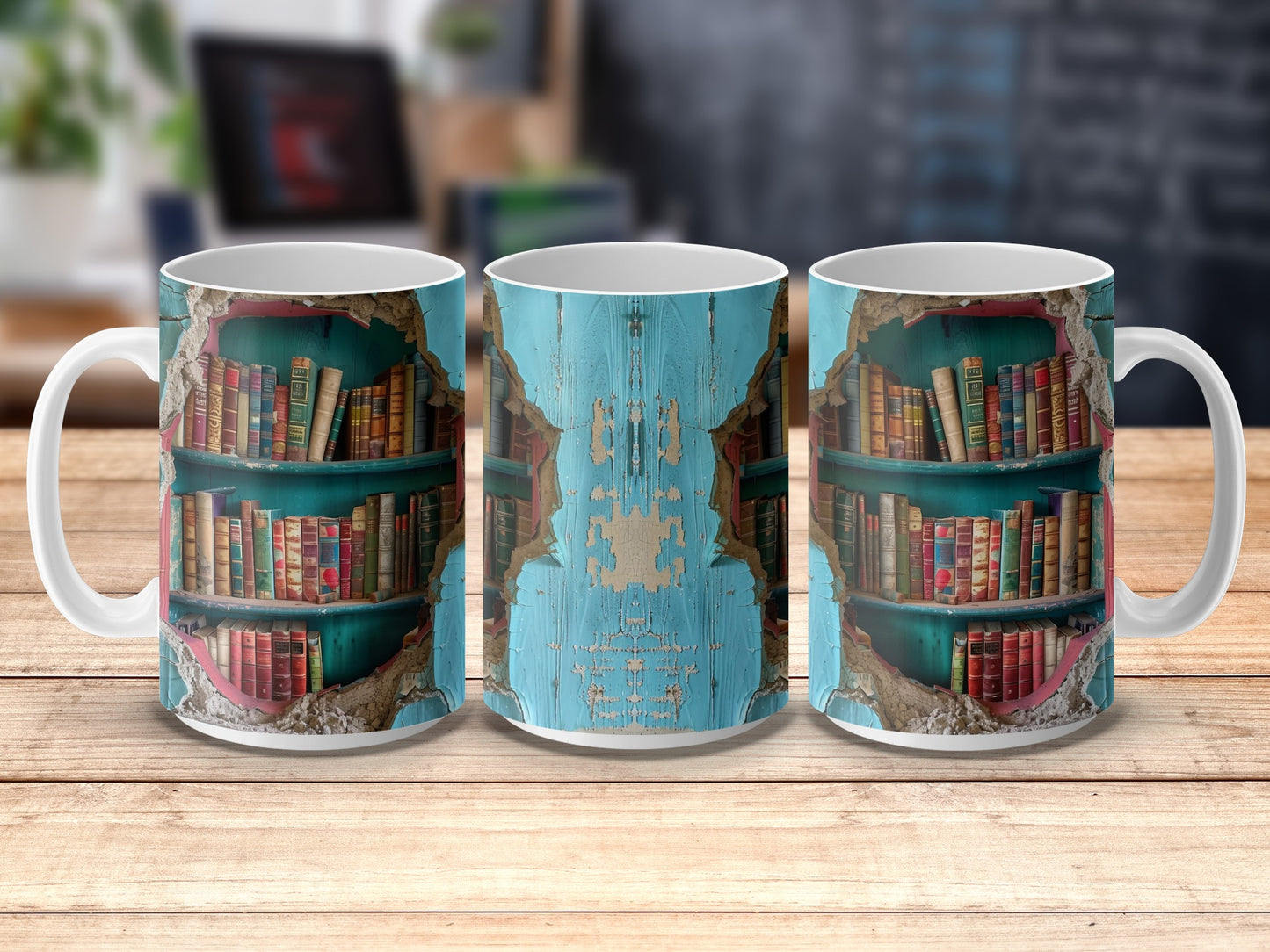 Vintage Library Bookshelf Design Coffee Mug, Turquoise Blue Antique Book Mug for Readers and Librarians