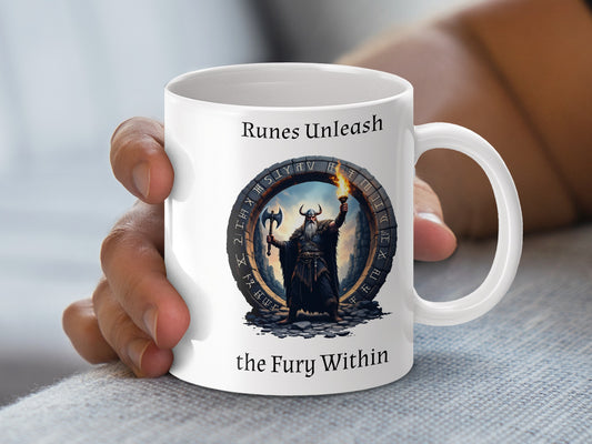 Viking Themed Coffee Mug, Norse Runes, Warrior Graphic, Magic and Mythology, The Fury Within Design, Gift Idea