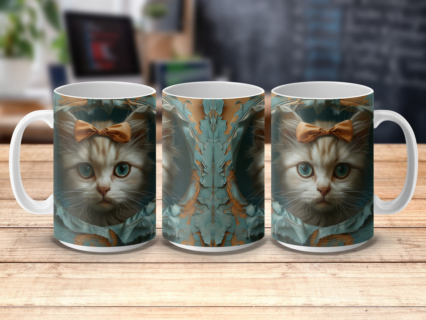 Cute Cat Mug with Bow, Blue and Beige Leaf Pattern, Unique Coffee Cup Gift for Cat Lovers