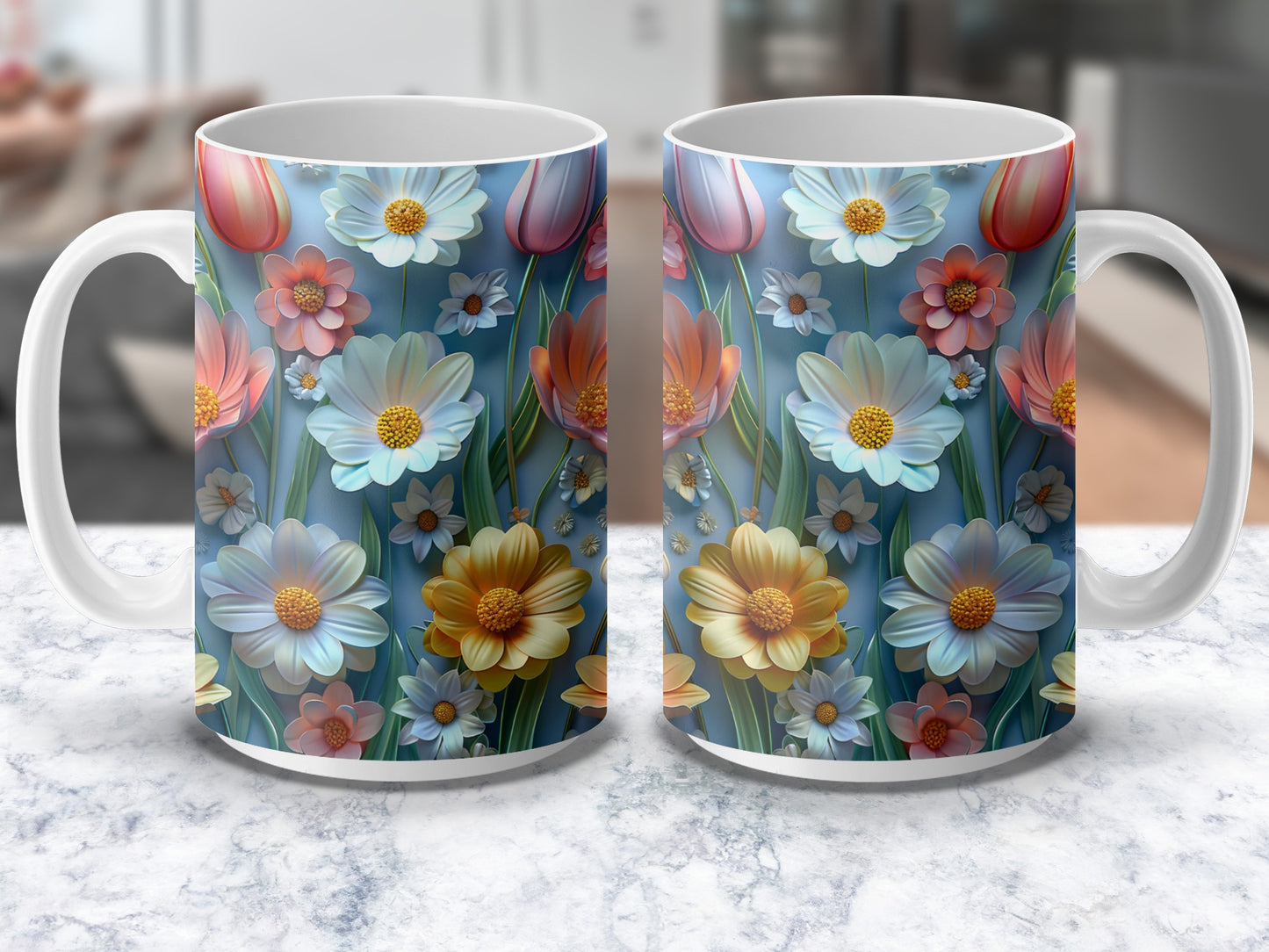 Floral Coffee Mugs, Colorful Daisy Print, Spring Flowers Tea Cup, Kitchen Decor, Set of 2 Mugs, Unique Gift Idea