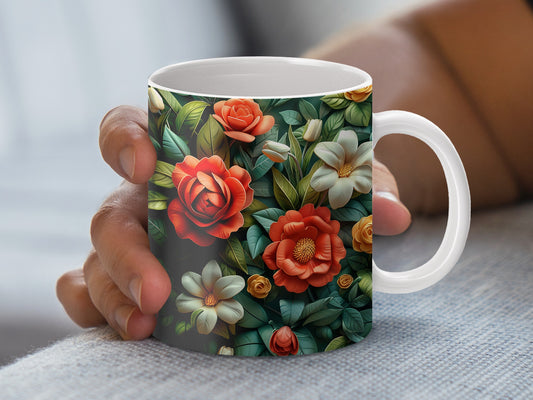 Floral Pattern Coffee Mug, Vibrant Rose and Lily Design, Elegant Gift Idea, Ceramic Tea Cup