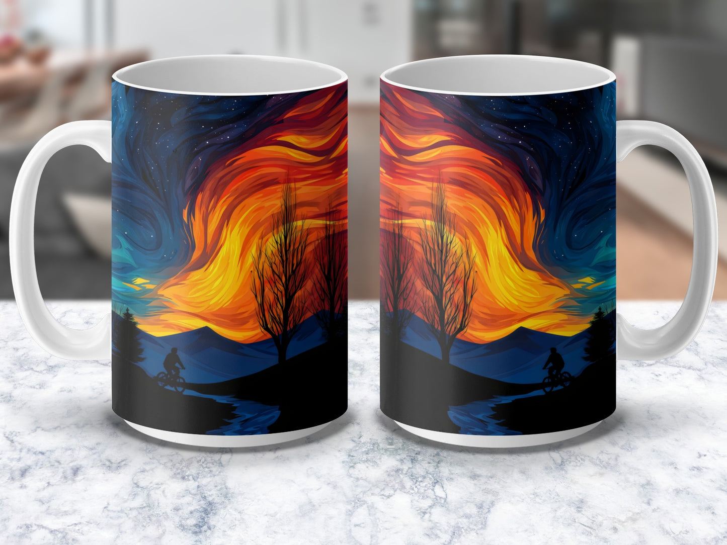 Colorful Autumn Sunset Ceramic Mug, Mountain Bike Silhouette, Artistic Coffee Cup, Unique Gift Idea