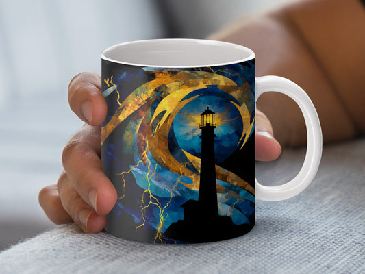 Abstract Lighthouse Art Coffee Mug, Nautical Theme Cup, Ocean Storm Design, Gift for Sailors and Art Lovers