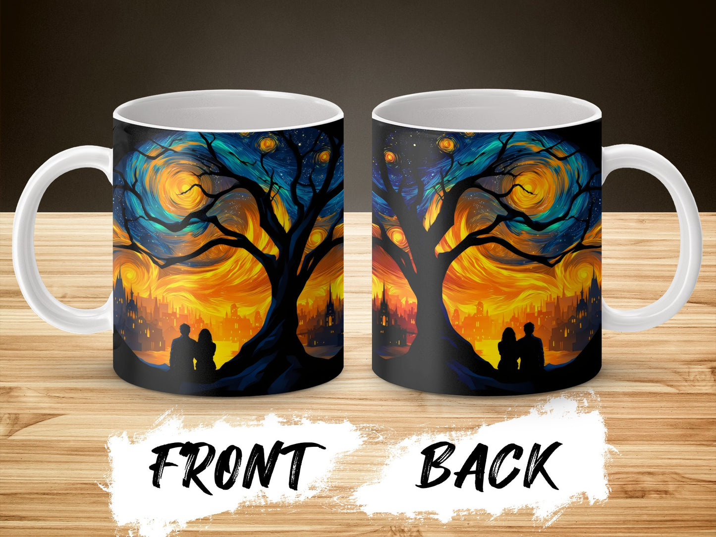 Romantic Night Sky Coffee Mug, Van Gogh Inspired Starry Night Design, Couple Silhouette, Artistic Ceramic Cup for Gift