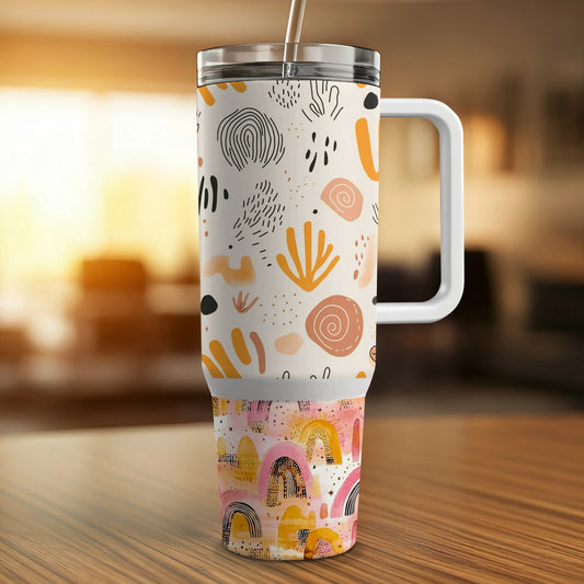 Abstract Pattern Travel Mug, Insulated Coffee Cup, Colorful Geometric Design, Reusable Drinkware, Unique Gift Idea