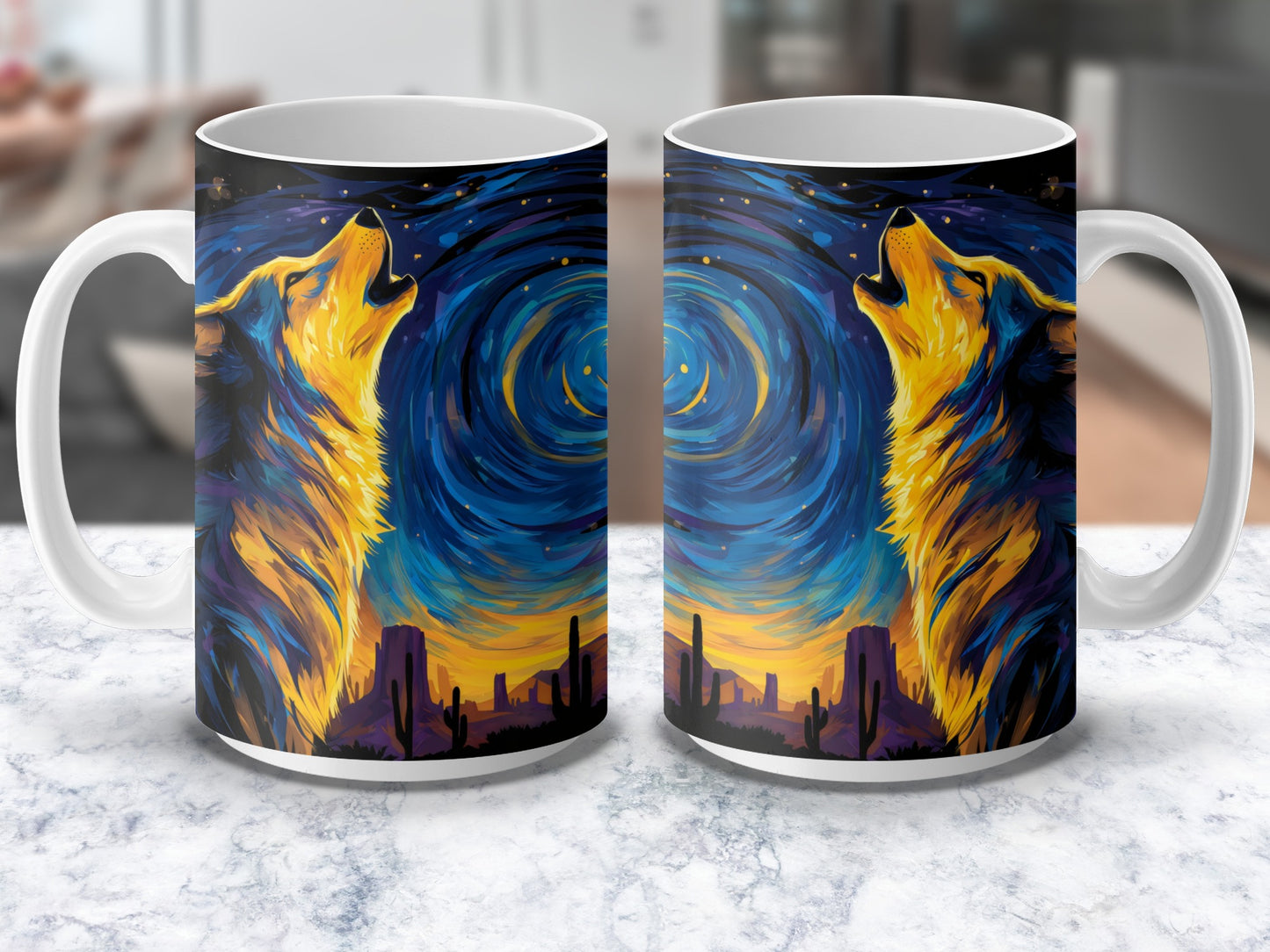 Van Gogh Starry Night Inspired Wolf Howling Mug, Artistic Coffee Cup, Unique Gift Idea