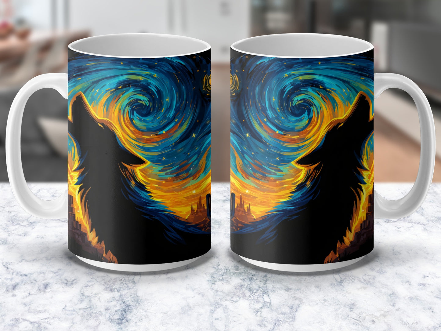 Starry Night Wolf Coffee Mug, Van Gogh Inspired Artistic Mug, Unique Wildlife-Themed Drinkware for Home or Office