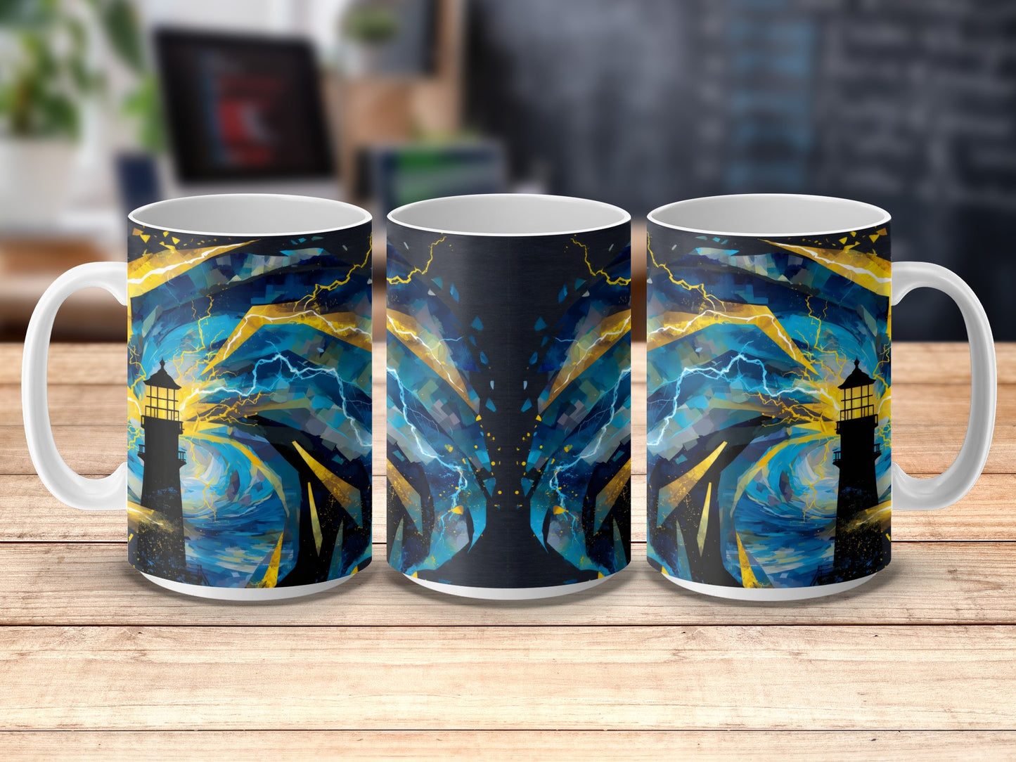Abstract Art Coffee Mugs, Lightning Storm Design, Unique Ceramic Cups, Home Office Drinkware, Gift Idea
