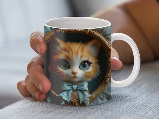 Cute Kitten Coffee Mug, Adorable Cat Portrait with Blue Bow, Animal Lover Gift, Decorative Tea Cup