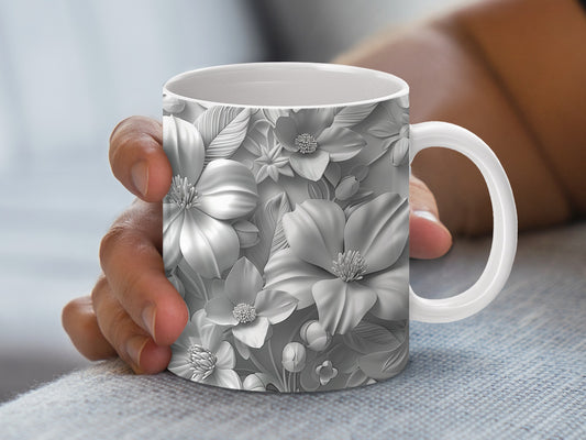 Elegant Floral Coffee Mug, Monochrome Flower Design, Ceramic Tea Cup, Stylish Kitchen Decor