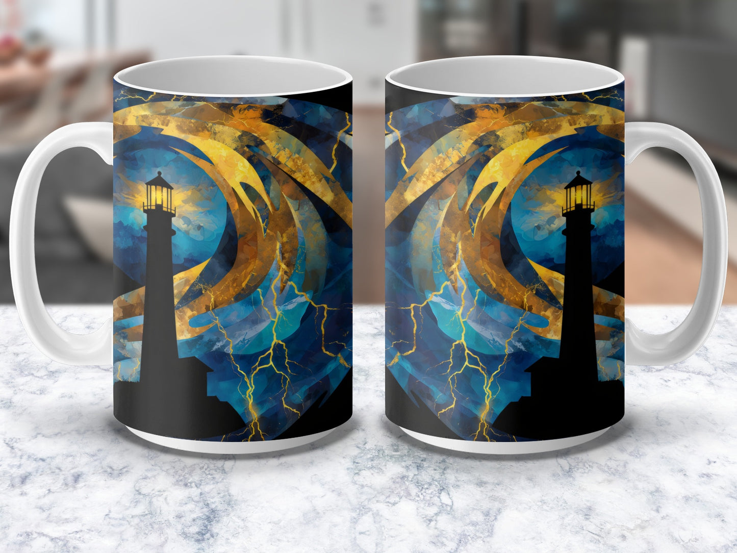 Abstract Lighthouse Storm Design Coffee Mug, Artistic Ocean Waves Lightning Cup