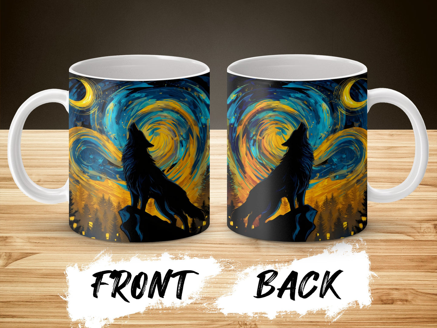 Van Gogh Starry Night Inspired Wolf Silhouette Coffee Mug, Artistic Animal Design Ceramic Cup
