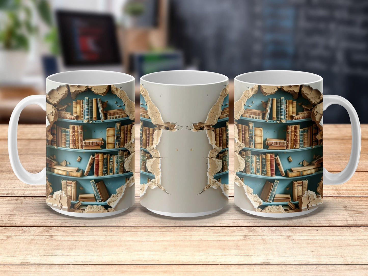 Vintage Bookshelf Design Coffee Mugs, Unique Library Themed Ceramic Cups, Set of 3