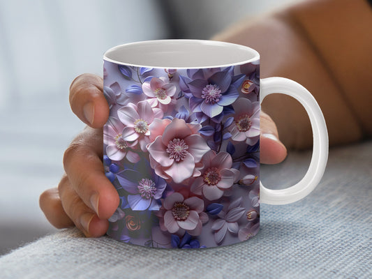 Floral Coffee Mug, Purple and Pink Flowers Design, Ceramic Tea Cup, Gift for Her, Spring Decor, Office Drinkware, Elegant Flower Pattern Mug