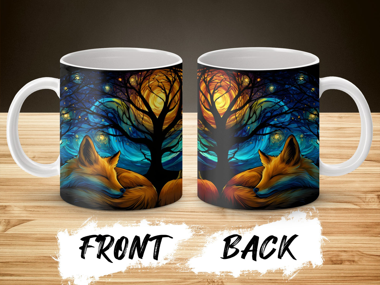 Colorful Fox Art Coffee Mug, Vibrant Tree Night Scene, Unique Wildlife Ceramic Cup, Front and Back Design