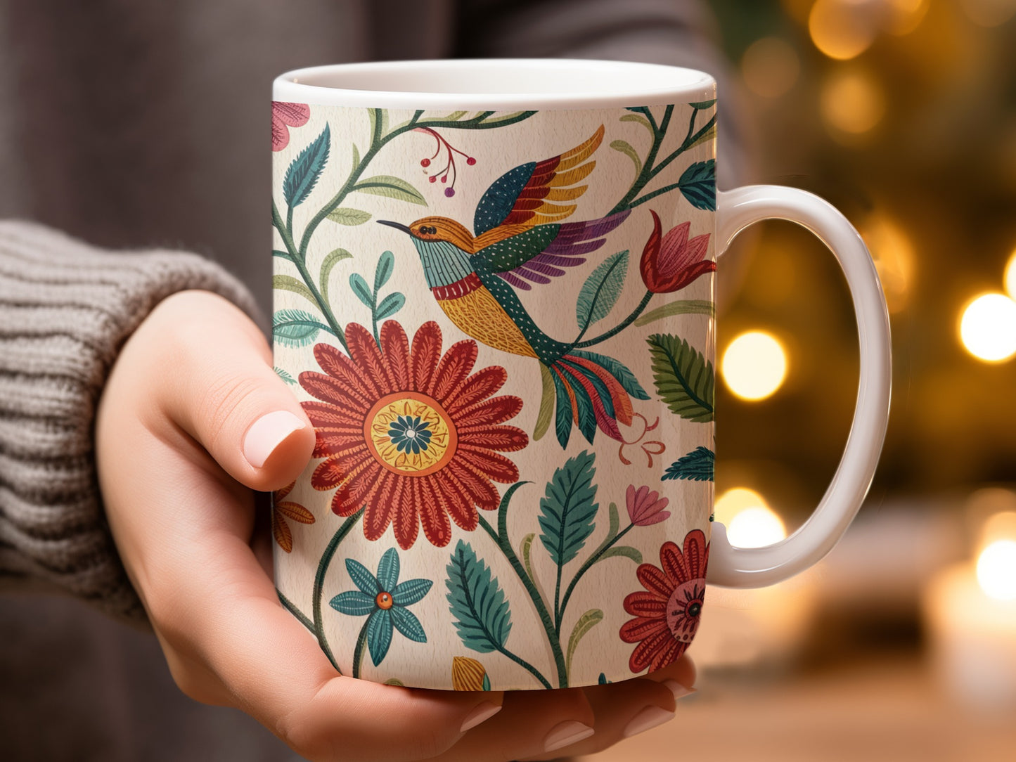 Vibrantly Designed Floral and Hummingbird Coffee Mug product