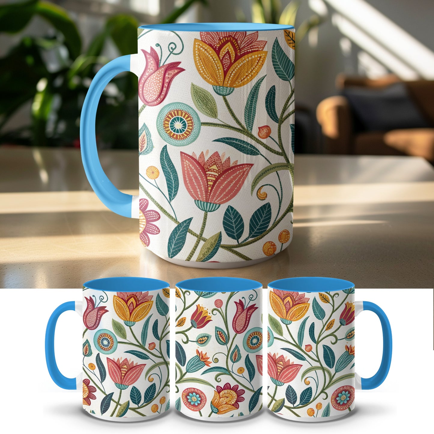 Floral Garden Patterned Blue Handle Mug product
