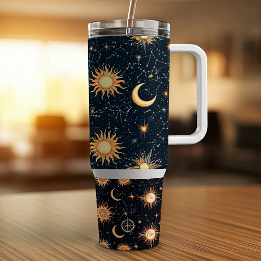 Celestial Tumbler Sun Moon Stars Design Insulated Travel Mug with Straw 20oz