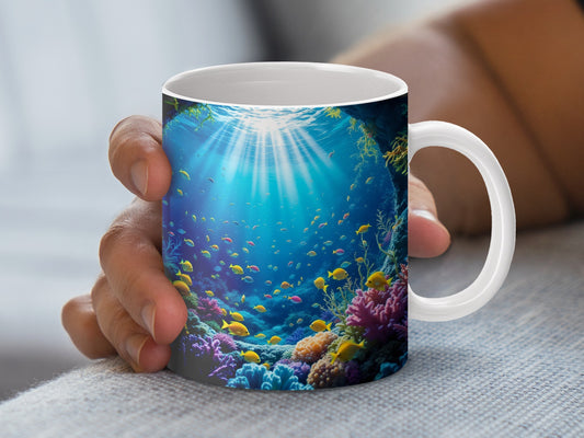Ocean Themed Coffee Mug, Coral Reef and Fish Design, Underwater Scene, Durable Ceramic Cup for Hot Beverages