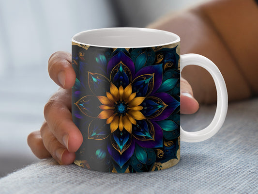 Colorful Mandala Flower Mug, Unique Floral Design Coffee Cup, Vibrant Artistic Drinkware, Perfect Gift Idea