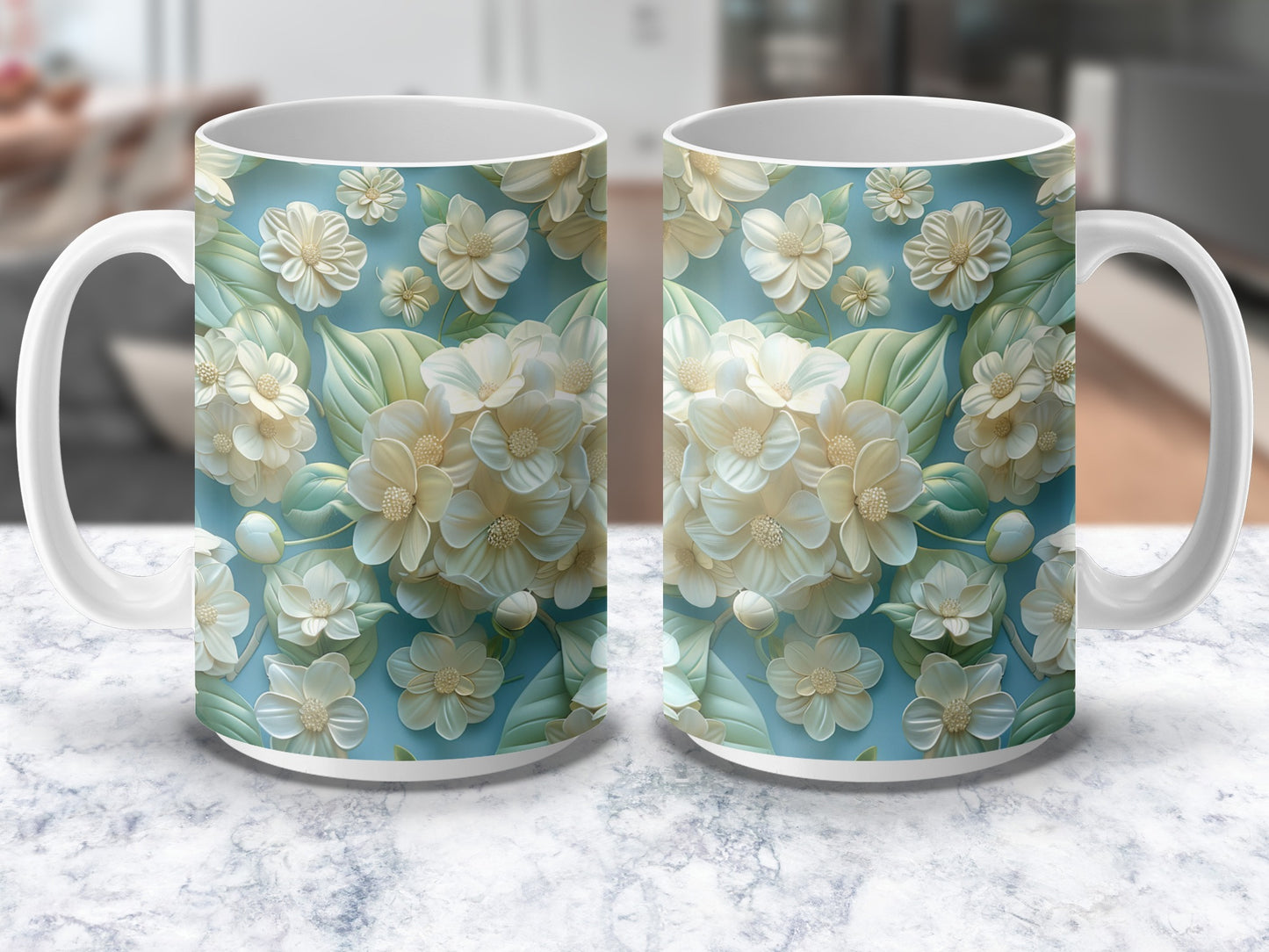Vintage Floral Ceramic Mugs, Set of 2, Elegant Coffee Cups, Gift Idea, Kitchen Decor, Blue and White Flowers
