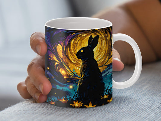 Mystical Black Rabbit Coffee Mug, Cosmic Starry Night Art, Unique Animal Illustration Cup