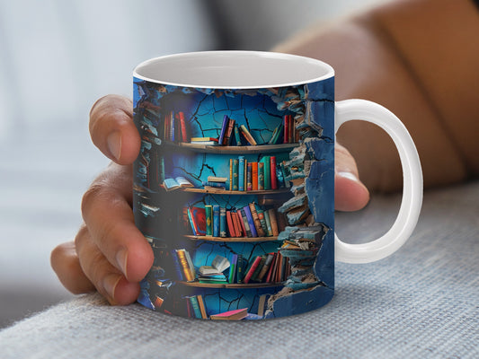 Colorful Bookshelf Design Coffee Mug, Unique Library Cup, Reading Nook Gift, Book Lover Present